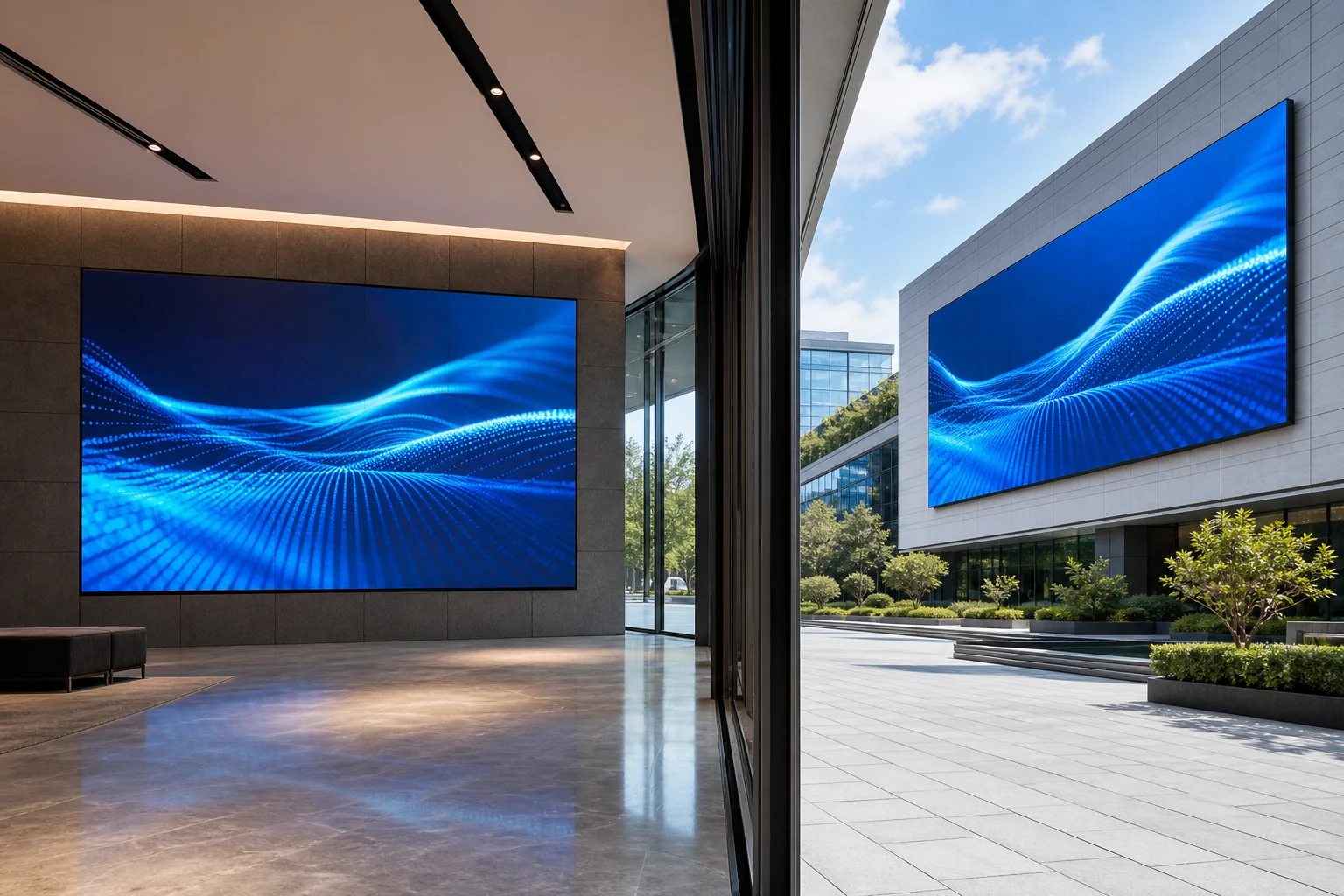 Ambition LED-scherm in een indoor ruimte en als outdoor gevelscherm