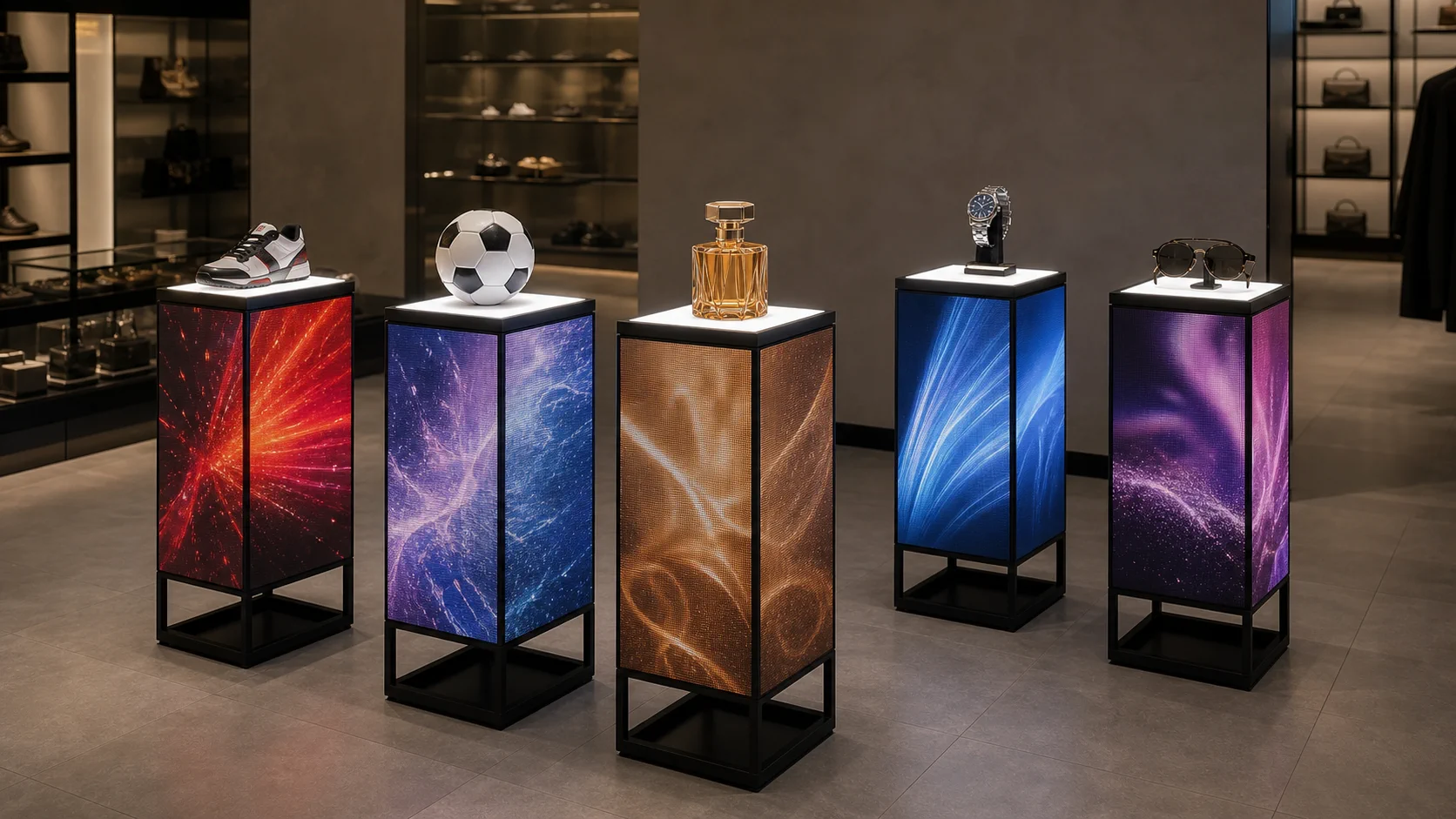 Vijf realistische LED-podia met sneaker, voetbal, parfum, horloge en zonnebril