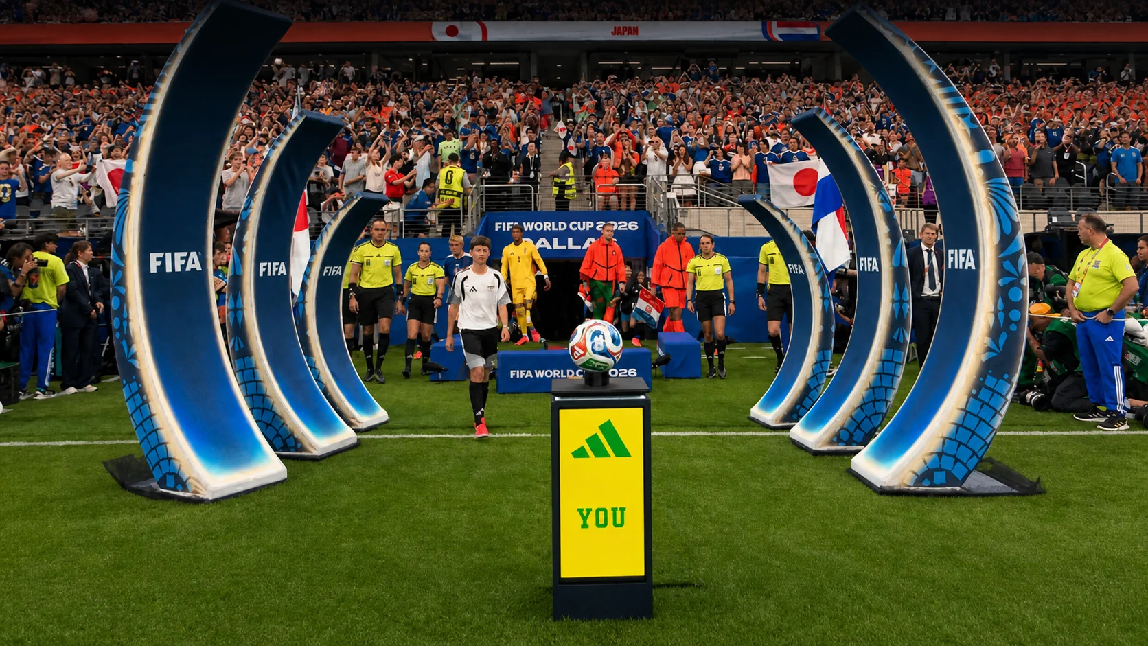 Spelersentree tussen verlichte stadionbogen met een digitaal LED-podium