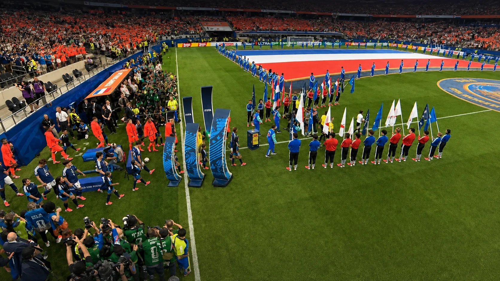 Overzicht van een stadionceremonie met LED-installaties en digitaal podium