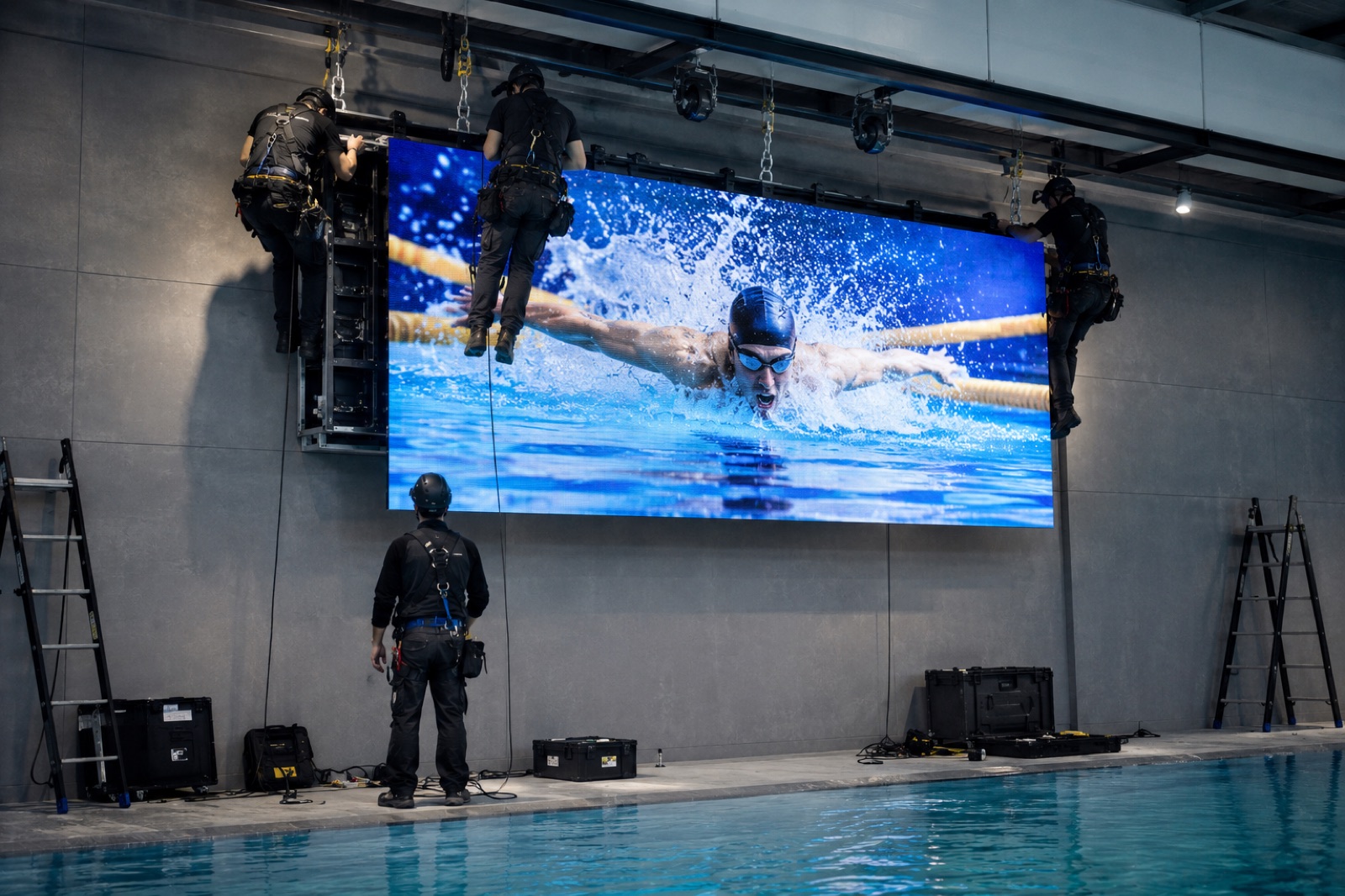LED-scherm tijdens installatie bij een zwembad